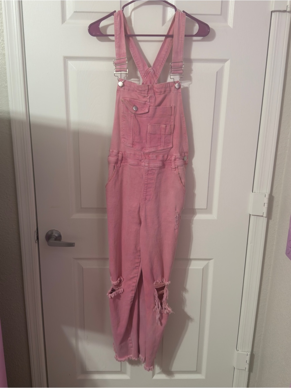 Women’s Pink Distressed Denim Overalls - Trendy Casual Jumpsuit